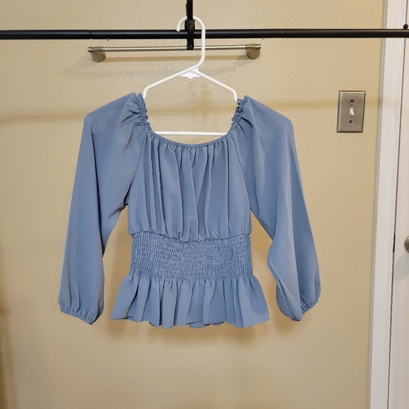 SHEIN LUNE Dusty Blue Shirred Waisted Frill Trim Peplum Blouse size XS - Picture 2 of 5